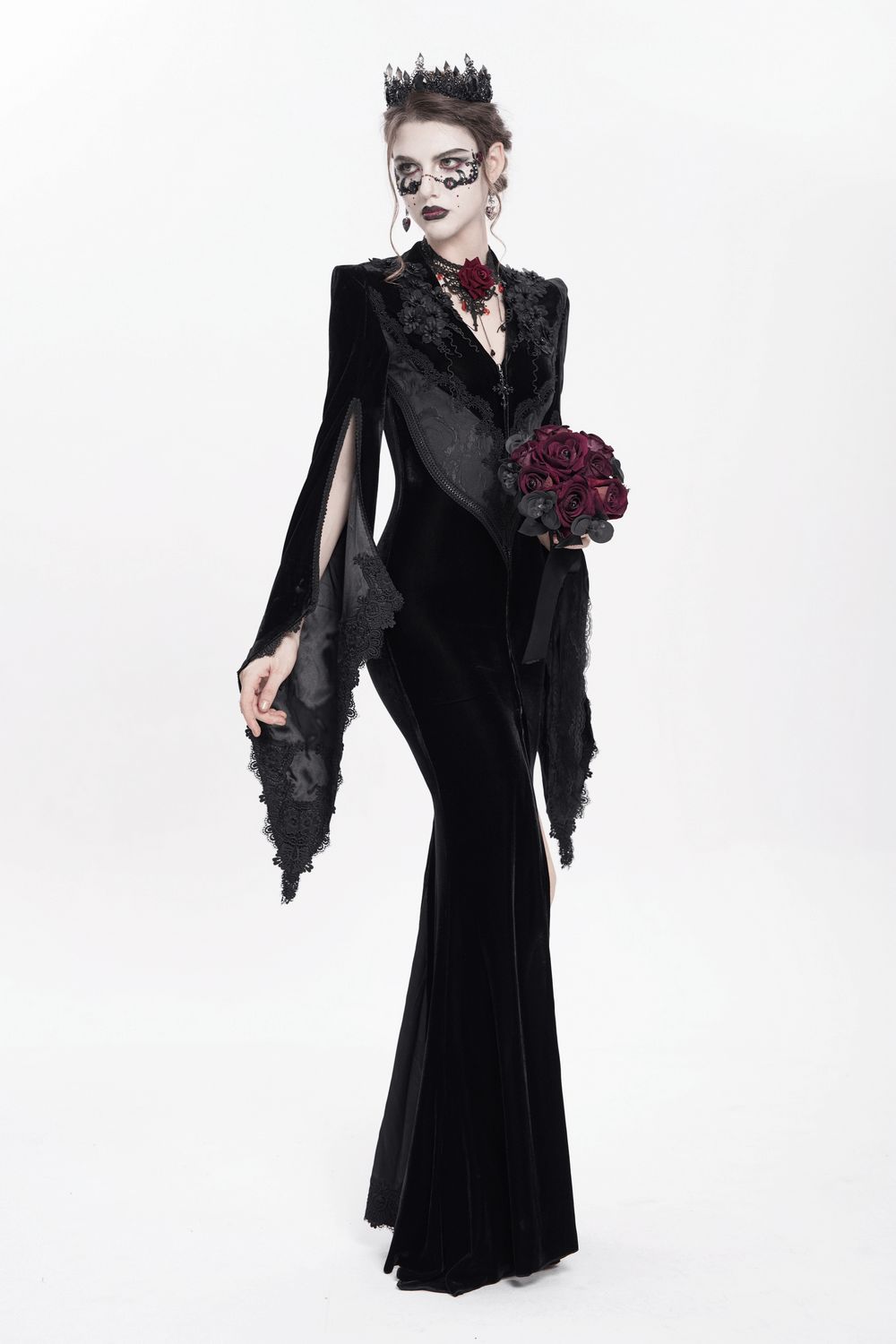 Gothic Black Velvet Long Dress with Lace and Zipper - image 14