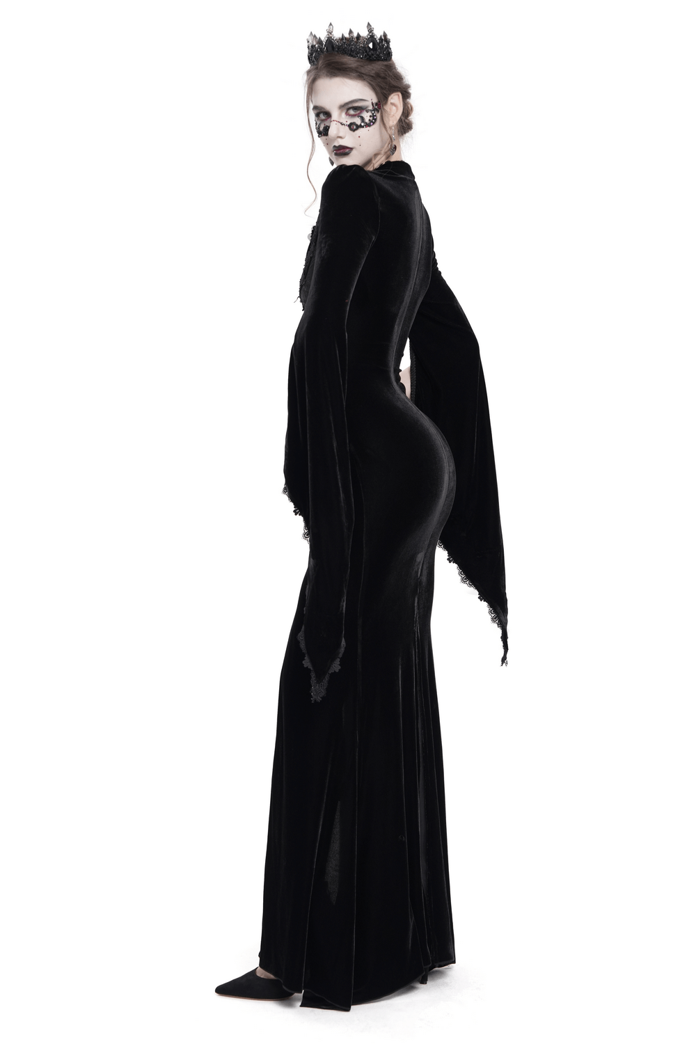Gothic Black Velvet Long Dress with Lace and Zipper - image 2