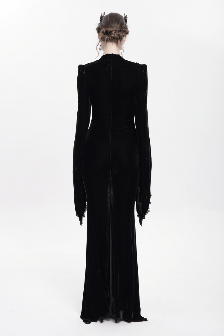Gothic Black Velvet Long Dress with Lace and Zipper - image 15