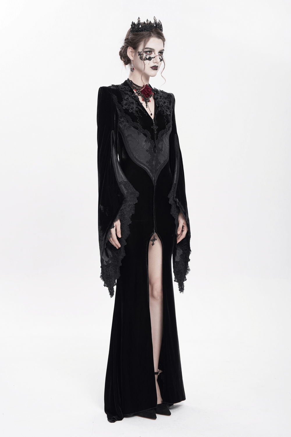 Gothic Black Velvet Long Dress with Lace and Zipper - image 16