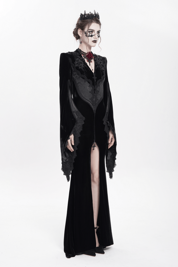 Gothic Black Velvet Long Dress with Lace and Zipper - image 16