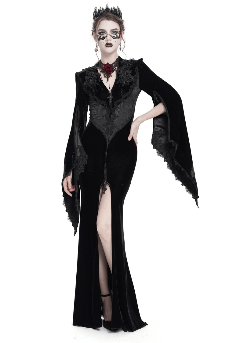 Gothic Black Velvet Long Dress with Lace and Zipper - image 1