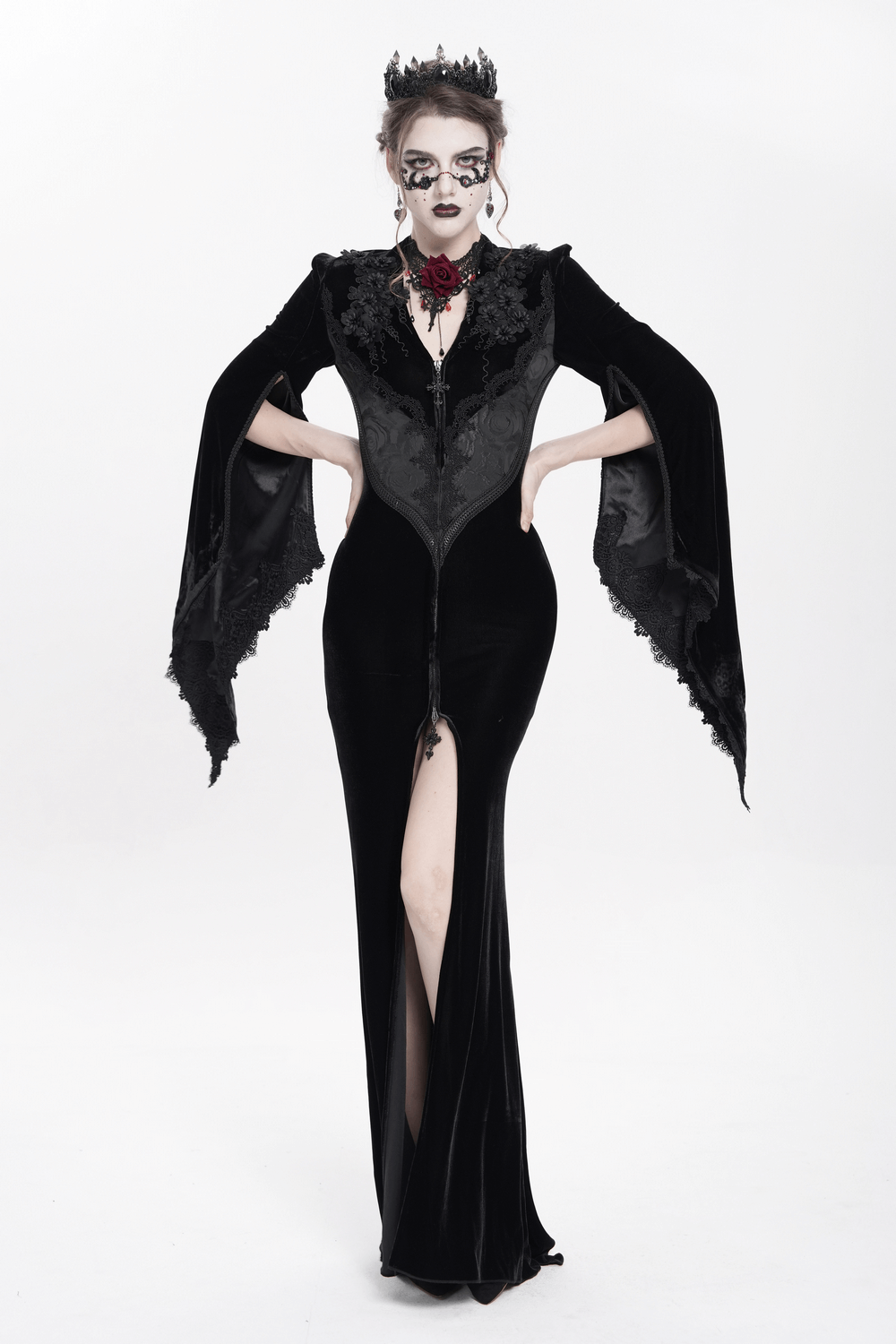 Gothic Black Velvet Long Dress with Lace and Zipper - image 17