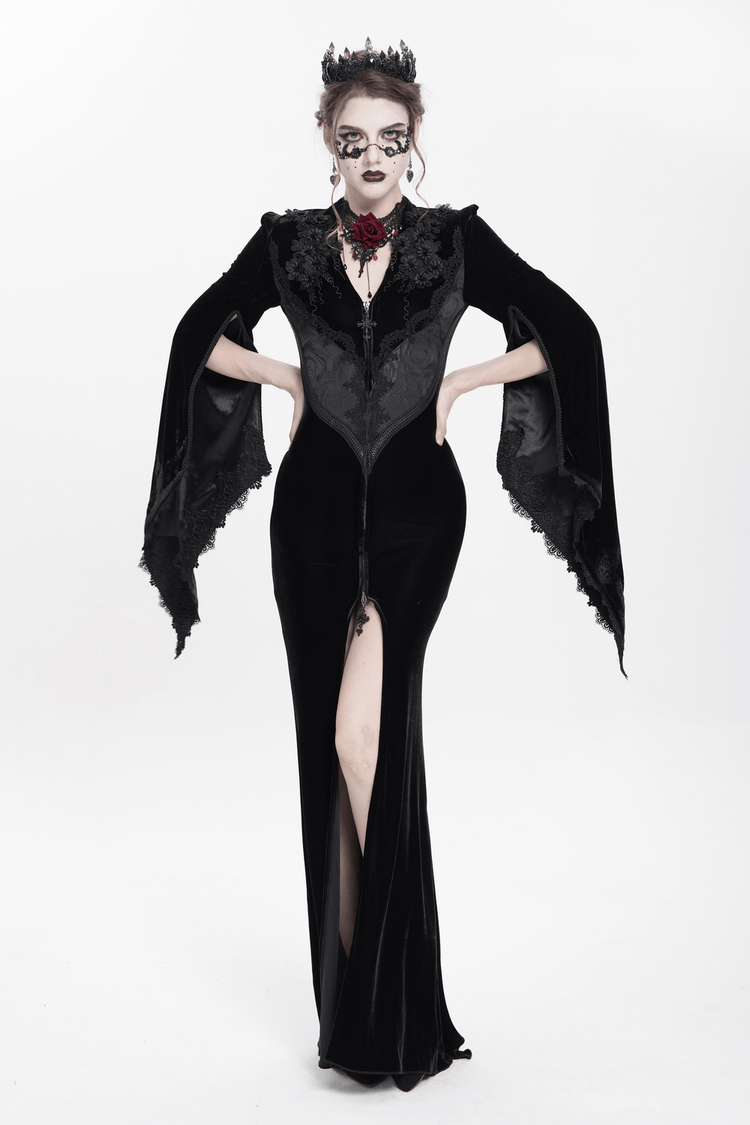 Gothic Black Velvet Long Dress with Lace and Zipper - image 17