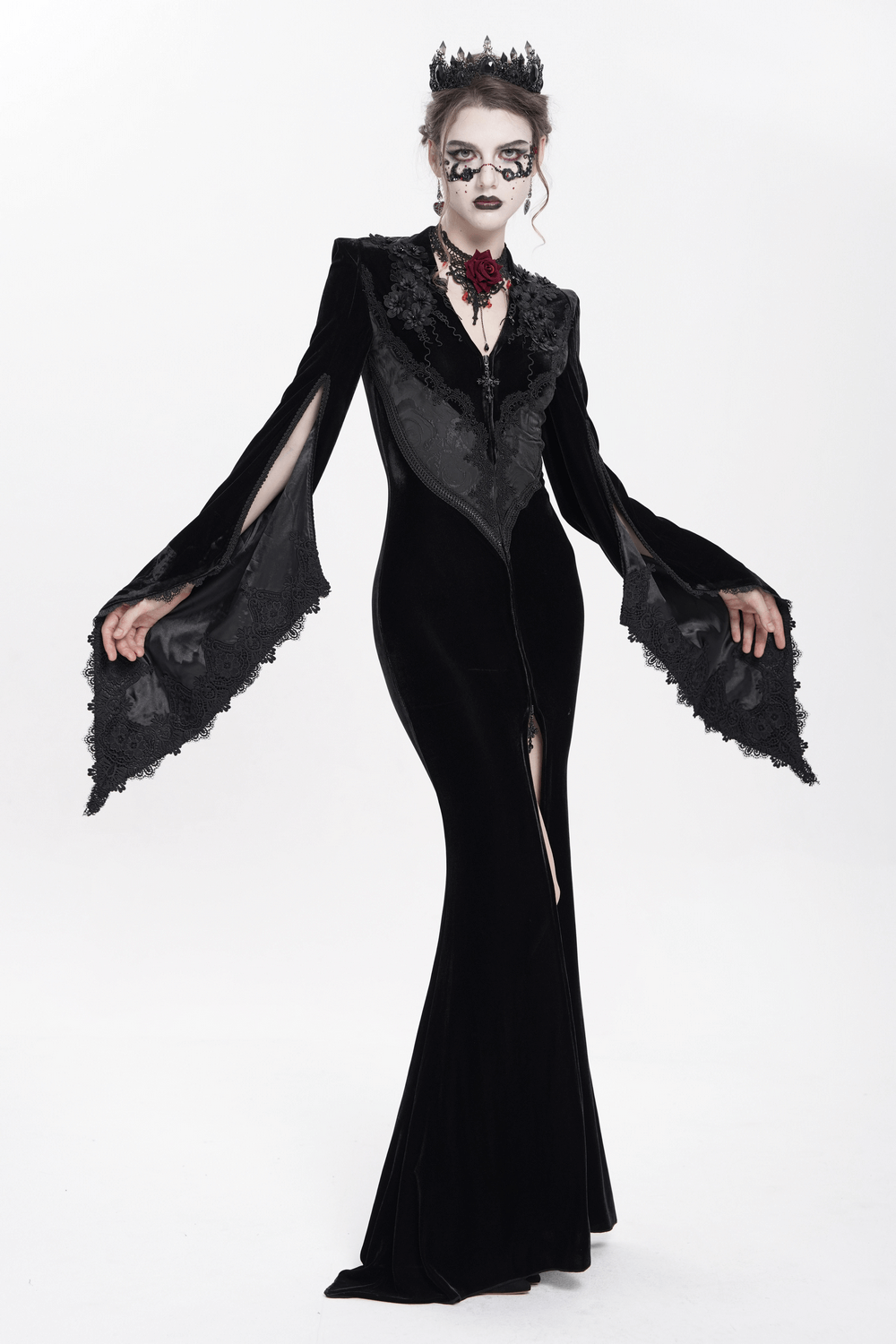 Gothic Black Velvet Long Dress with Lace and Zipper - image 18