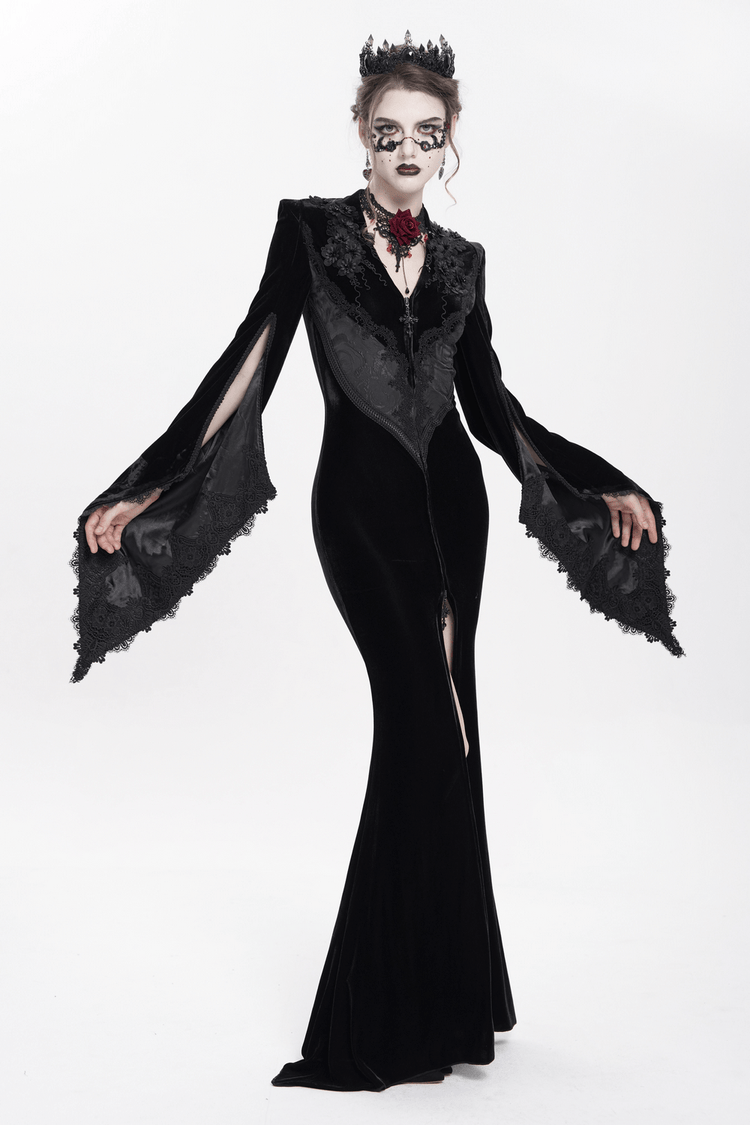 Gothic Black Velvet Long Dress with Lace and Zipper - image 18