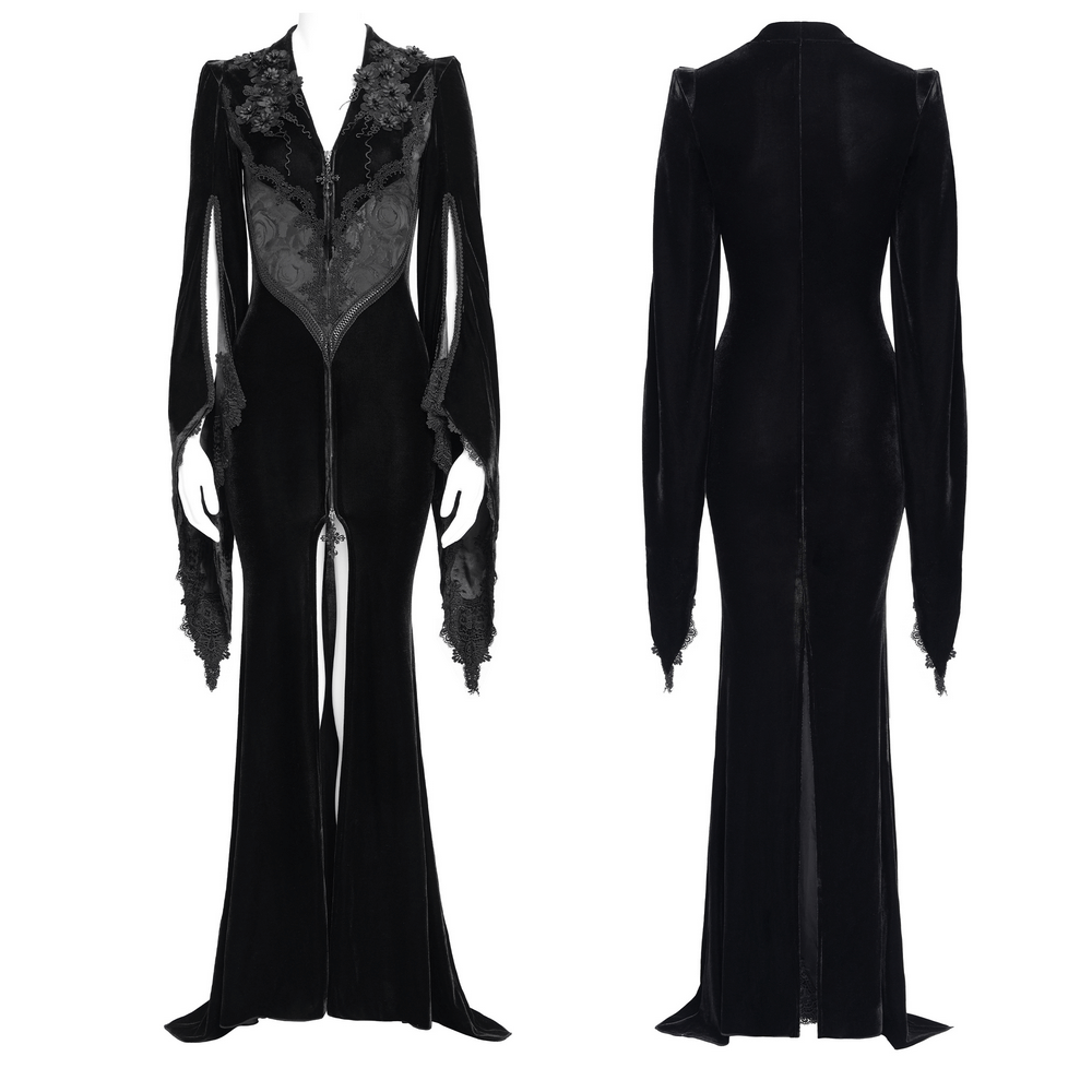 Gothic Black Velvet Long Dress with Lace and Zipper - image 3