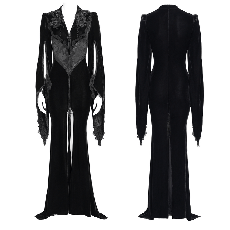Gothic Black Velvet Long Dress with Lace and Zipper - image 3