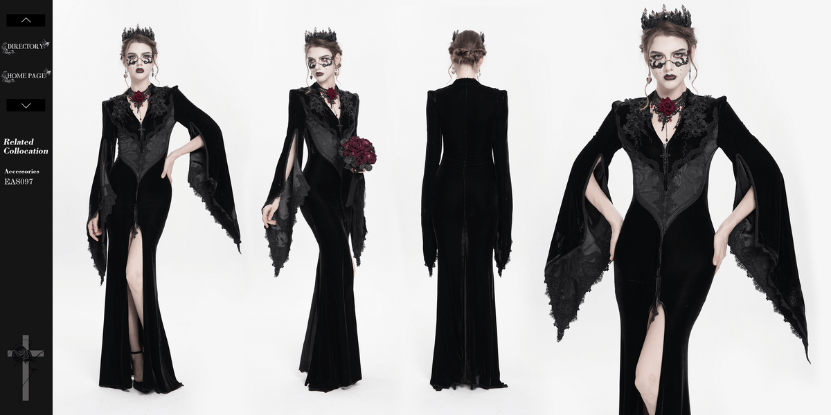 Gothic Black Velvet Long Dress with Lace and Zipper - image 19