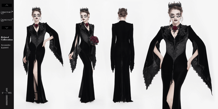 Gothic Black Velvet Long Dress with Lace and Zipper - image 19