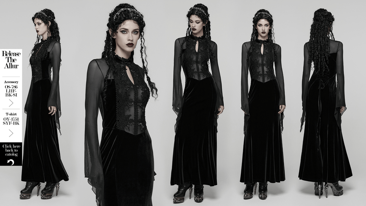 Gothic Black Velvet Maxi Dress with Lace and Mesh - image 14