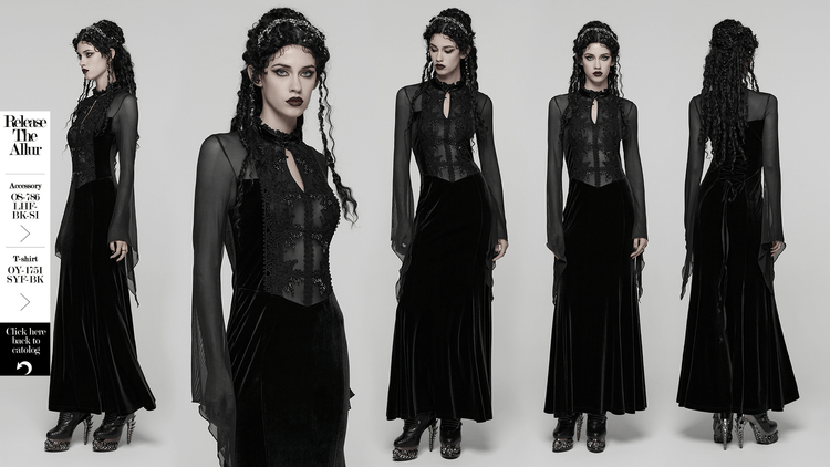 Gothic Black Velvet Maxi Dress with Lace and Mesh - image 14
