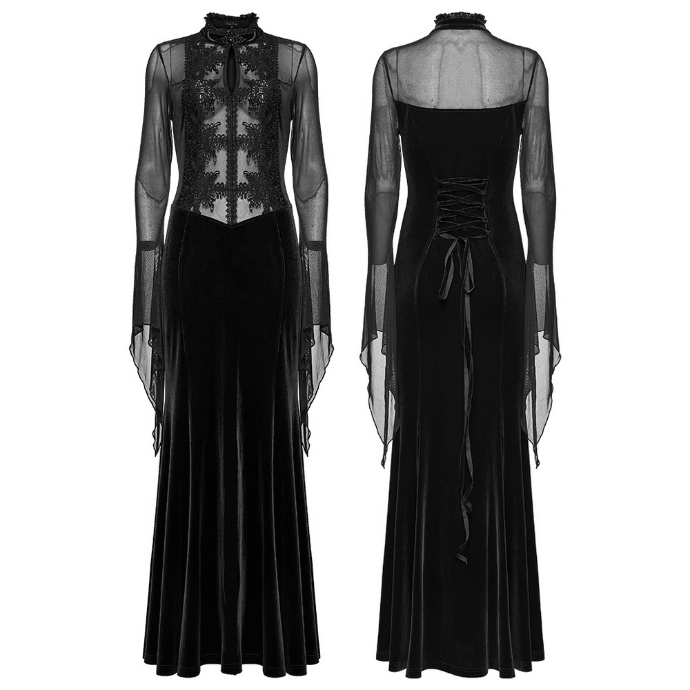 Gothic Black Velvet Maxi Dress with Lace and Mesh - image 3