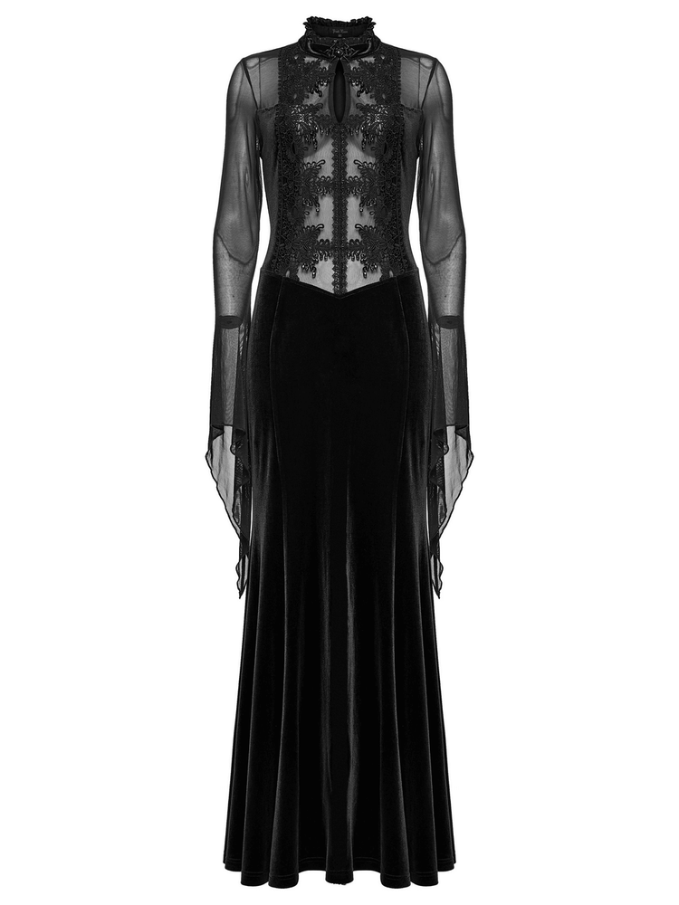 Gothic Black Velvet Maxi Dress with Lace and Mesh - image 4
