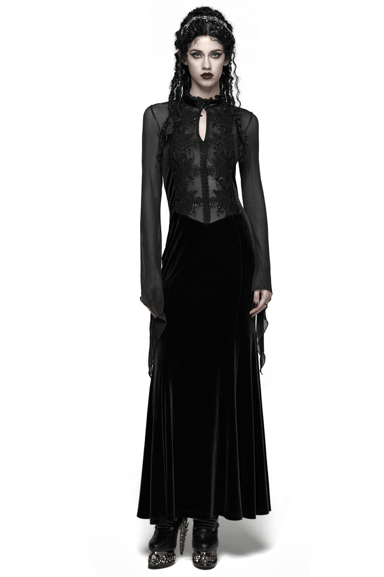 Gothic Black Velvet Maxi Dress with Lace and Mesh - image 1