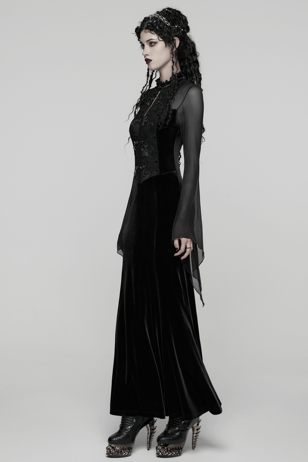 Gothic Black Velvet Maxi Dress with Lace and Mesh - image 11