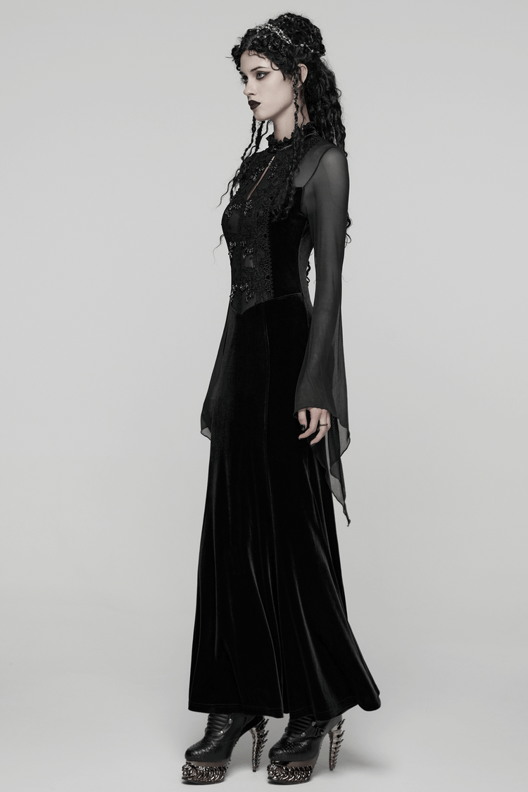 Gothic Black Velvet Maxi Dress with Lace and Mesh - image 11