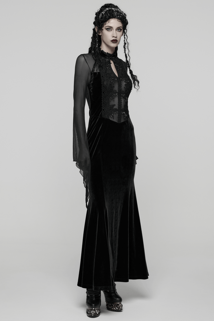 Gothic Black Velvet Maxi Dress with Lace and Mesh - image 12