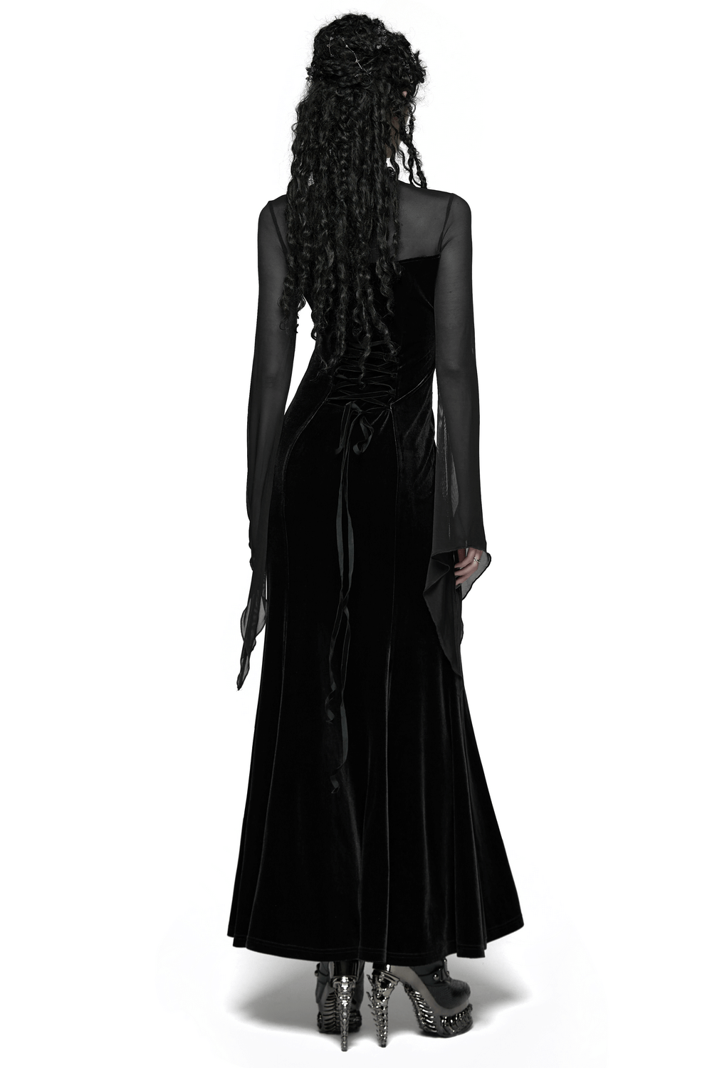 Gothic Black Velvet Maxi Dress with Lace and Mesh - image 2