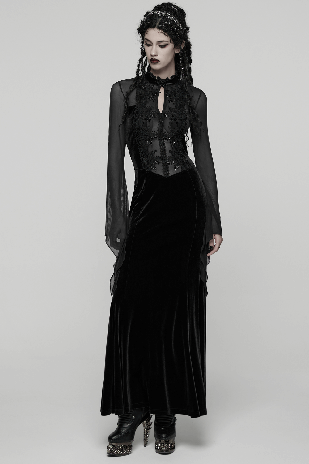 Gothic Black Velvet Maxi Dress with Lace and Mesh - image 13
