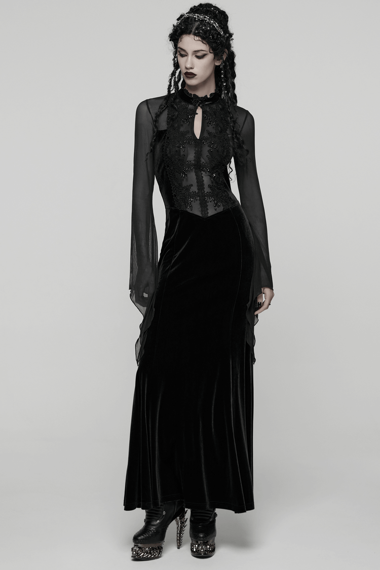 Gothic Black Velvet Maxi Dress with Lace and Mesh - image 13