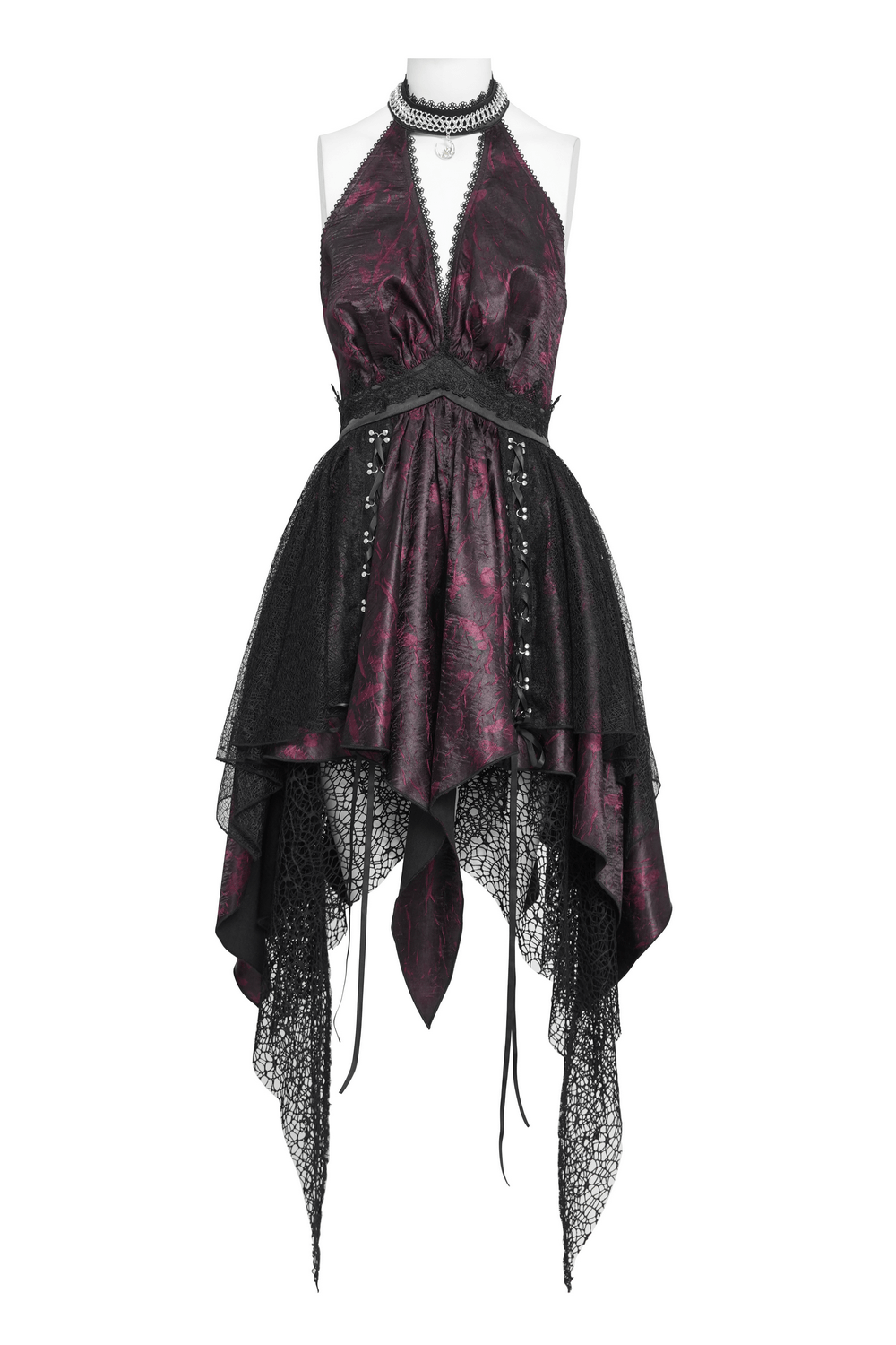 Gothic Burgundy Halter Dress with Lace Layers - image 4
