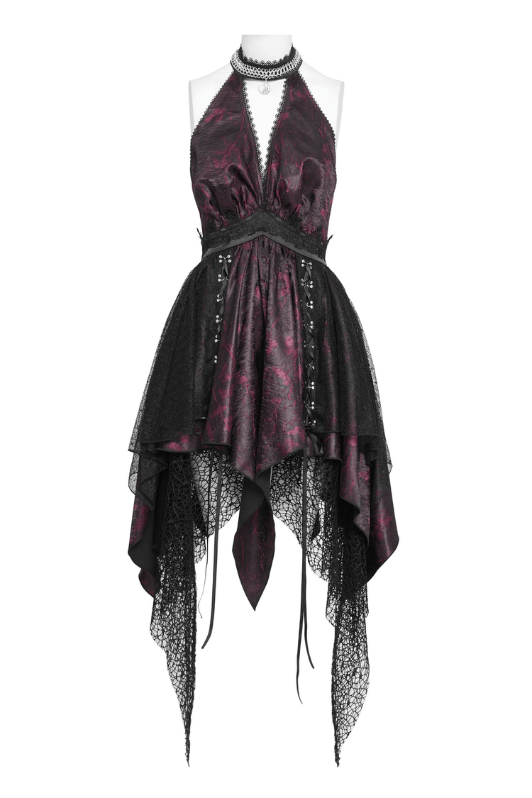 Gothic Burgundy Halter Dress with Lace Layers - image 4