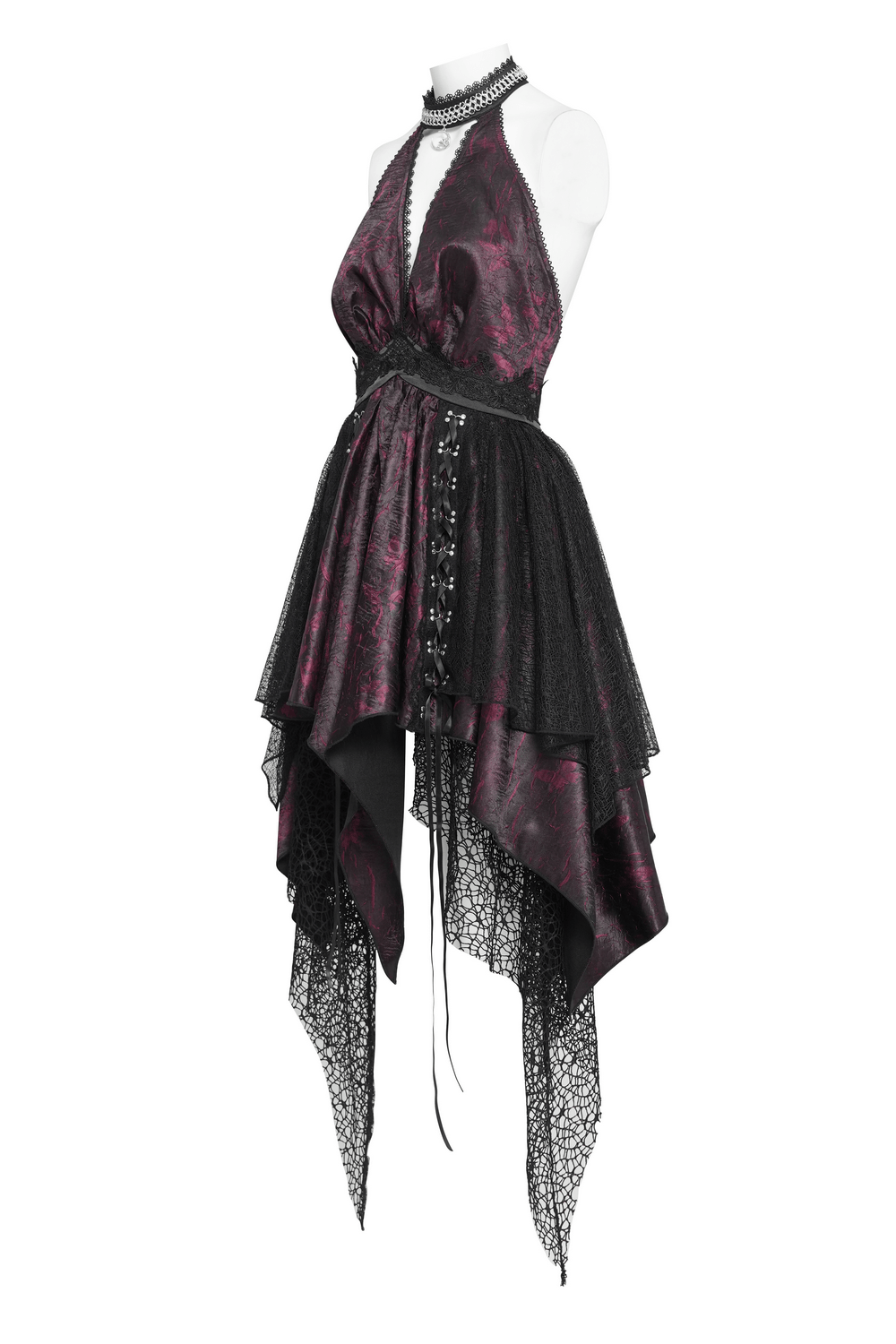 Gothic Burgundy Halter Dress with Lace Layers - image 5