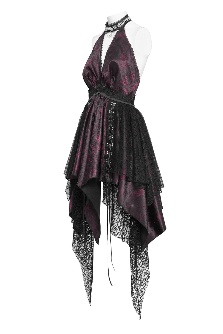 Gothic Burgundy Halter Dress with Lace Layers - image 5