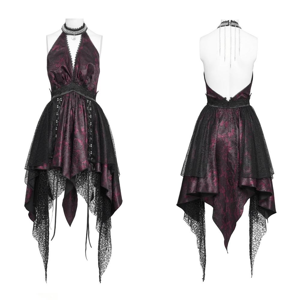 Gothic Burgundy Halter Dress with Lace Layers - image 3