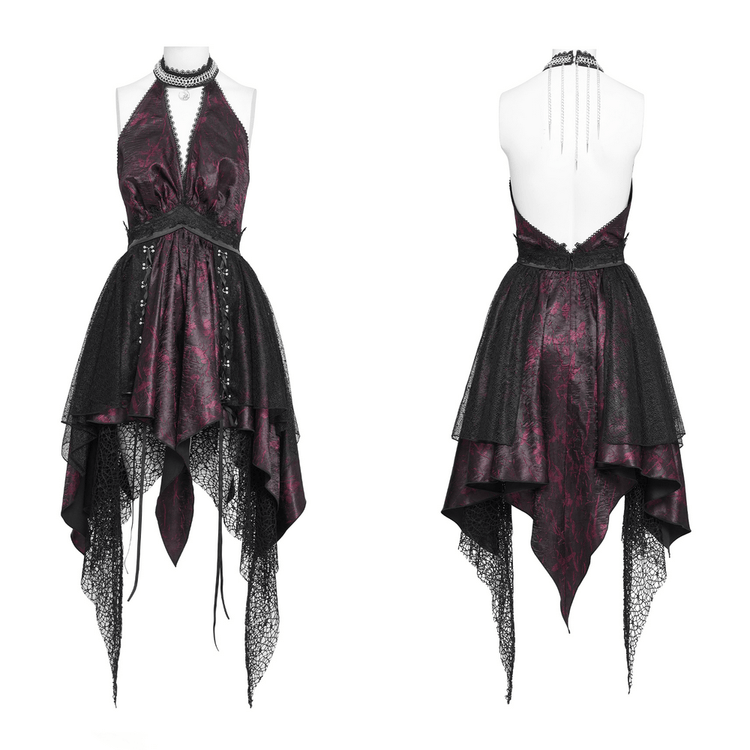 Gothic Burgundy Halter Dress with Lace Layers - image 3