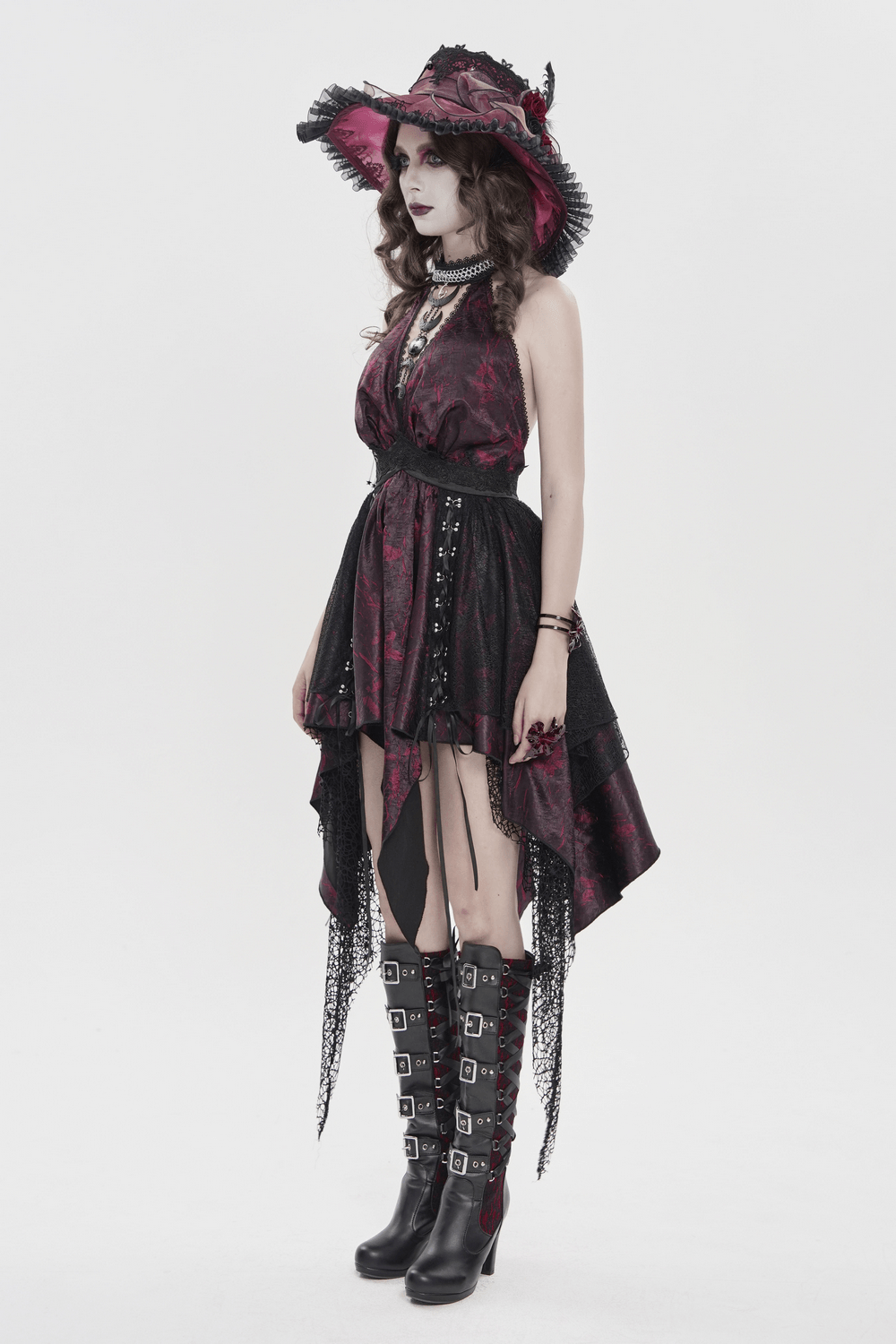 Gothic Burgundy Halter Dress with Lace Layers - image 17