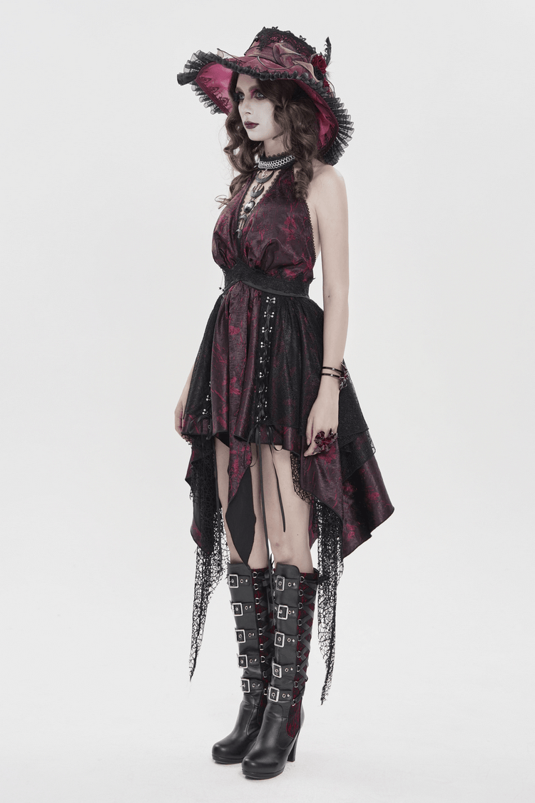 Gothic Burgundy Halter Dress with Lace Layers - image 17