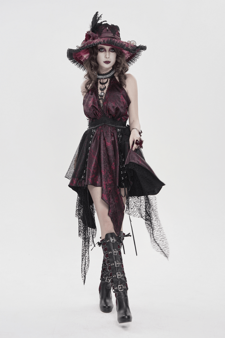 Gothic Burgundy Halter Dress with Lace Layers - image 15
