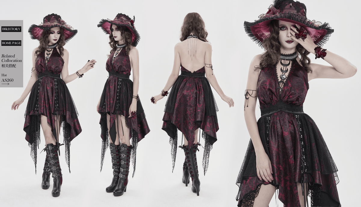 Gothic Burgundy Halter Dress with Lace Layers - image 20