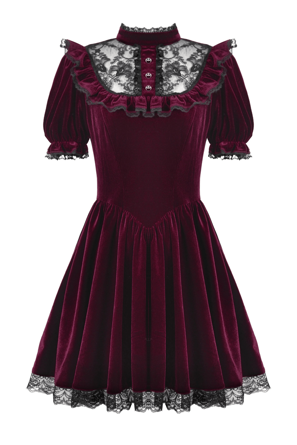 Gothic Burgundy Velvet Dress with Lace Trim and Puff Sleeves - image 4