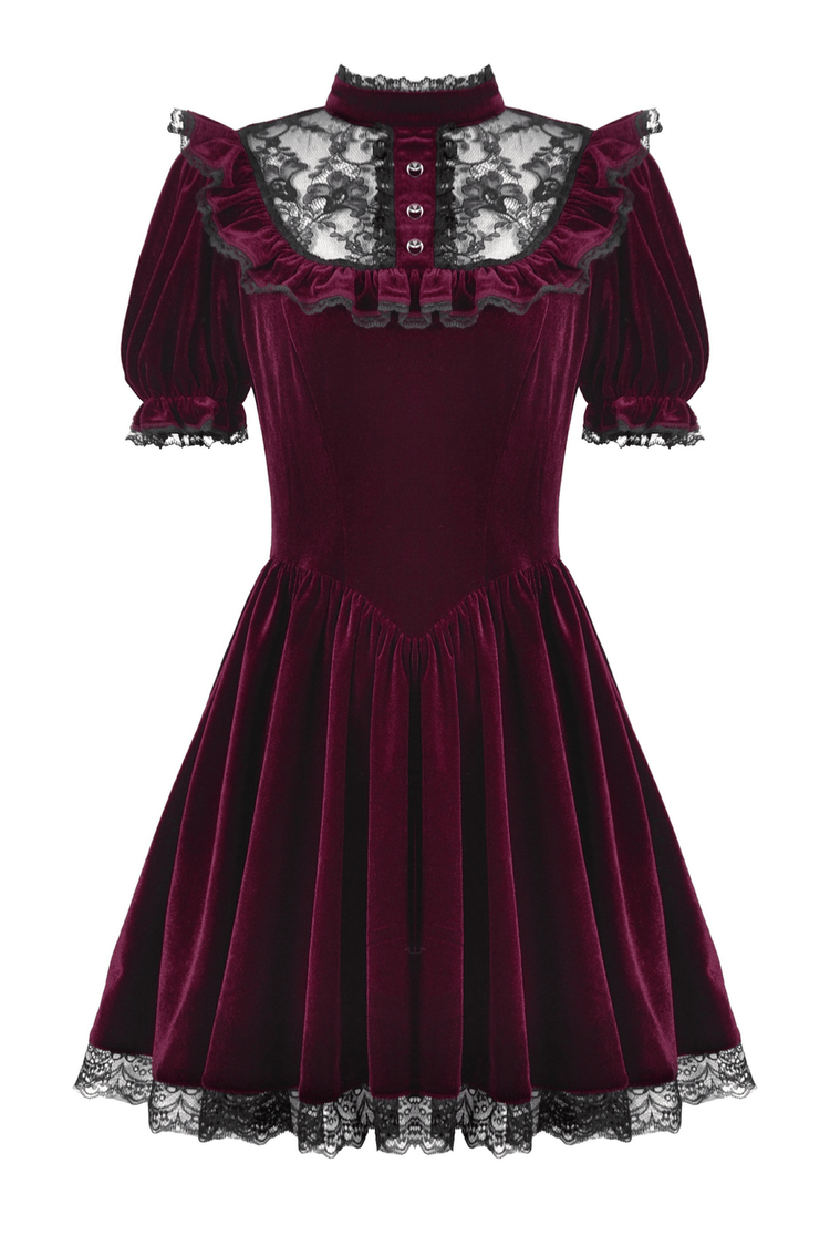 Gothic Burgundy Velvet Dress with Lace Trim and Puff Sleeves - image 4