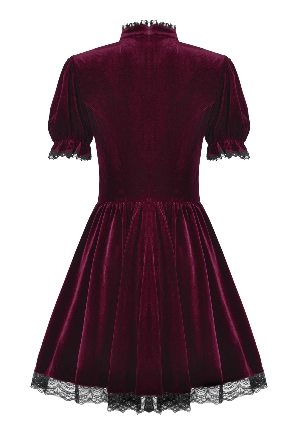 Gothic Burgundy Velvet Dress with Lace Trim and Puff Sleeves - image 5
