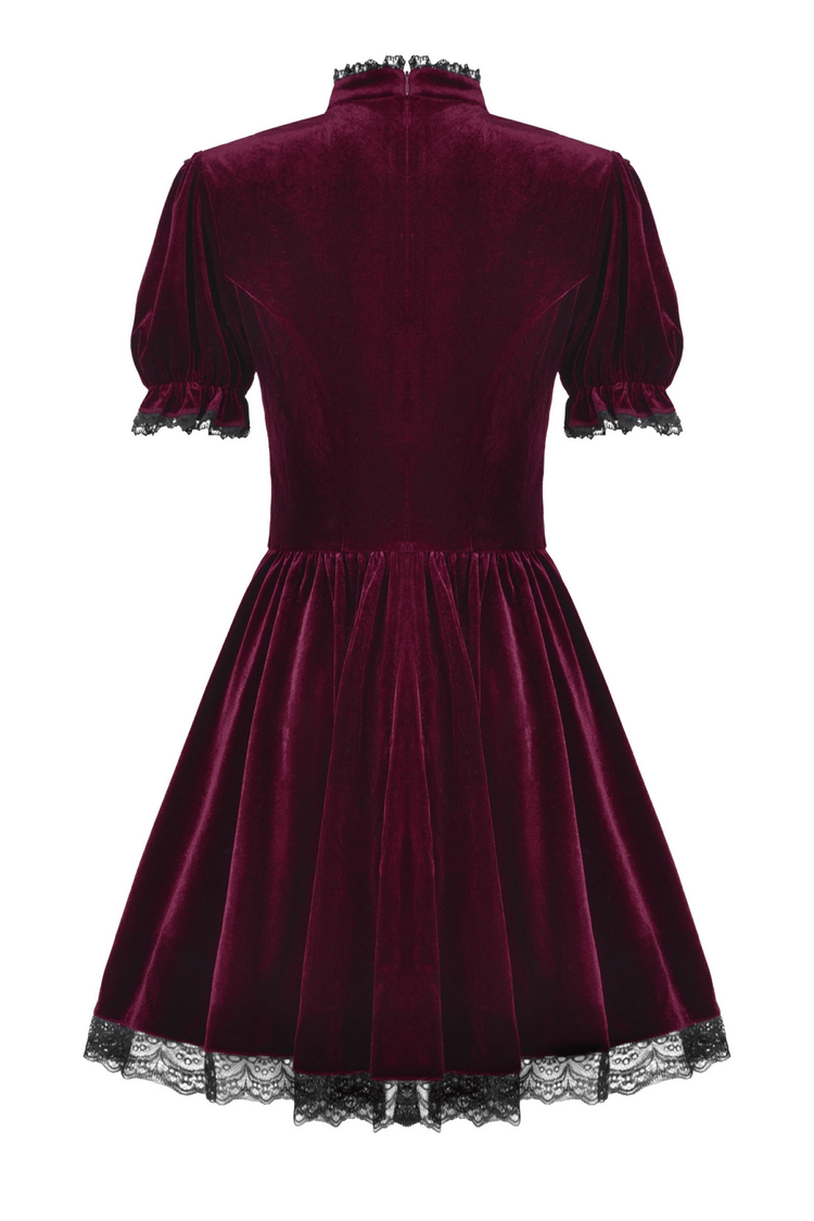 Gothic Burgundy Velvet Dress with Lace Trim and Puff Sleeves - image 5