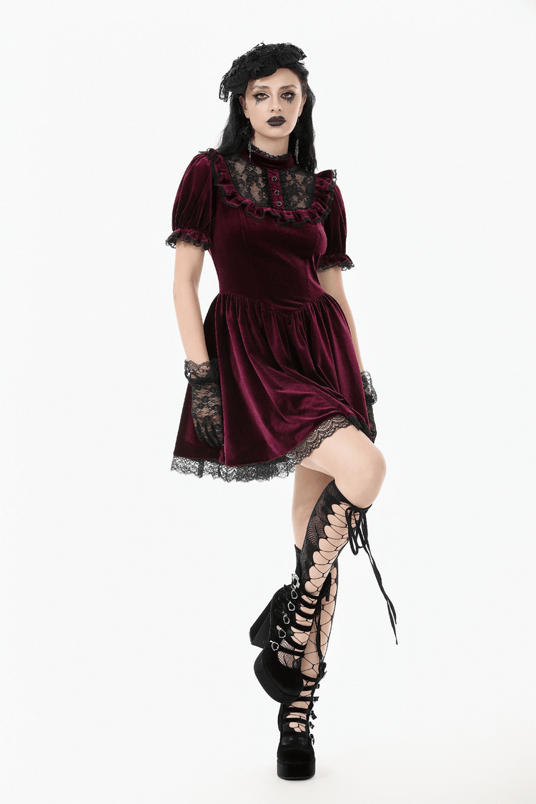 Gothic Burgundy Velvet Dress with Lace Trim and Puff Sleeves - image 14