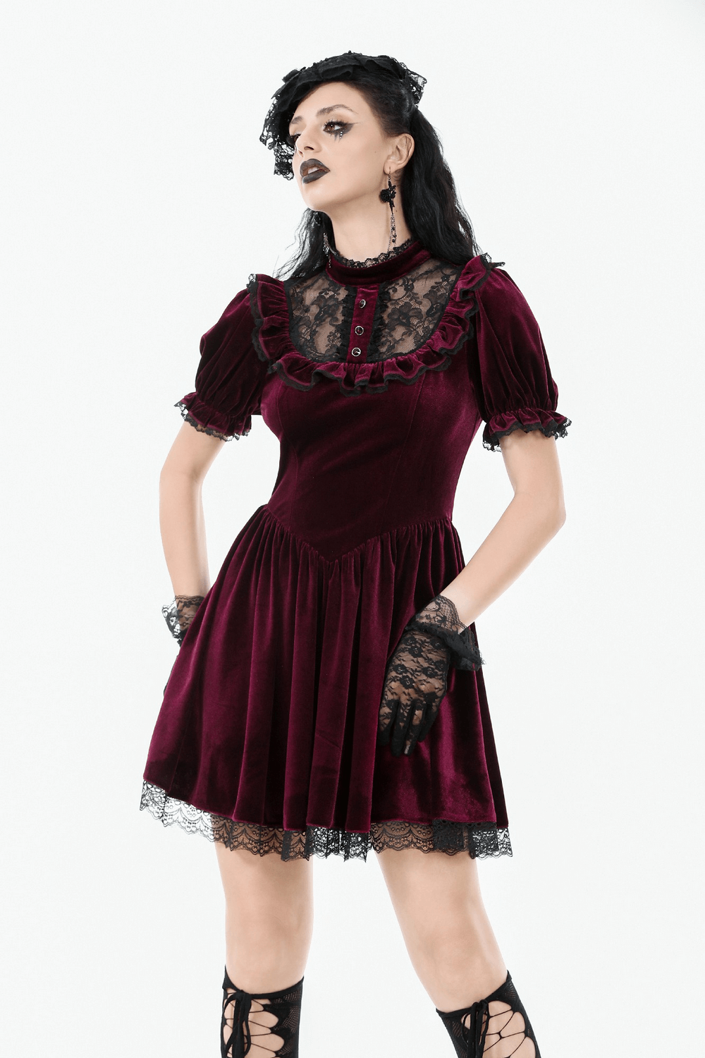 Gothic Burgundy Velvet Dress with Lace Trim and Puff Sleeves - image 11