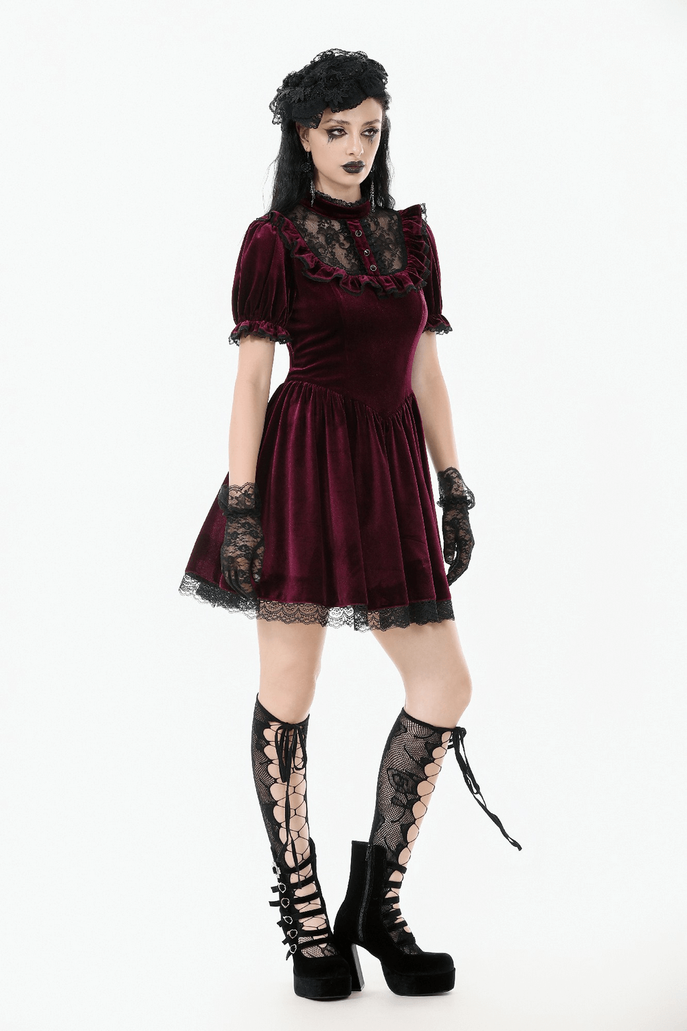 Gothic Burgundy Velvet Dress with Lace Trim and Puff Sleeves - image 12