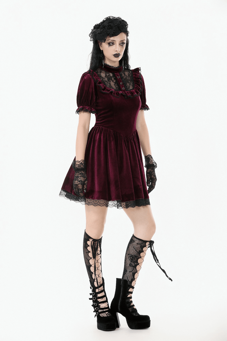 Gothic Burgundy Velvet Dress with Lace Trim and Puff Sleeves - image 12