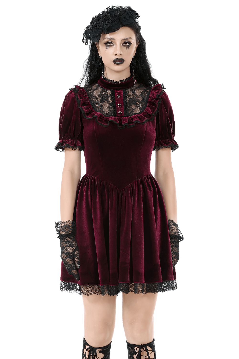 Gothic Burgundy Velvet Dress with Lace Trim and Puff Sleeves - image 1