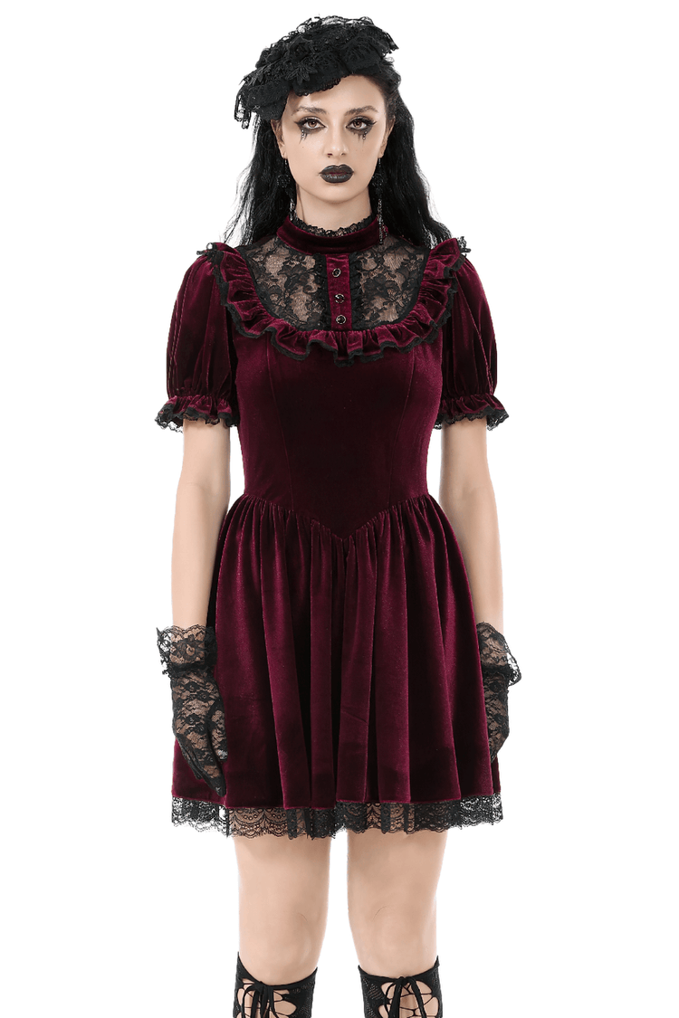 Gothic Burgundy Velvet Dress with Lace Trim and Puff Sleeves - image 1
