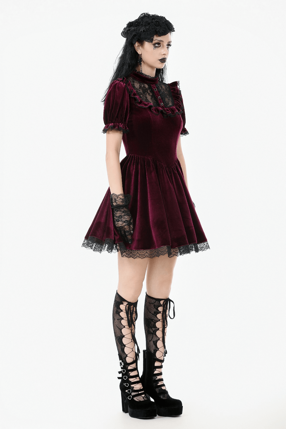 Gothic Burgundy Velvet Dress with Lace Trim and Puff Sleeves - image 13
