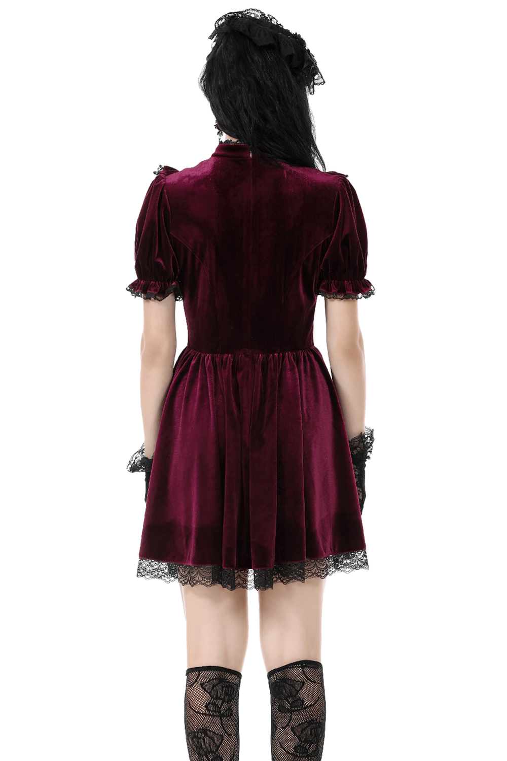 Gothic Burgundy Velvet Dress with Lace Trim and Puff Sleeves - image 2