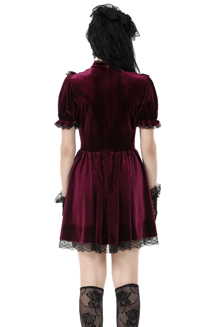 Gothic Burgundy Velvet Dress with Lace Trim and Puff Sleeves - image 2
