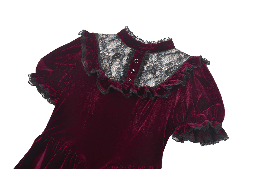 Gothic Burgundy Velvet Dress with Lace Trim and Puff Sleeves - image 6