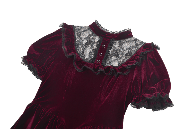 Gothic Burgundy Velvet Dress with Lace Trim and Puff Sleeves - image 6